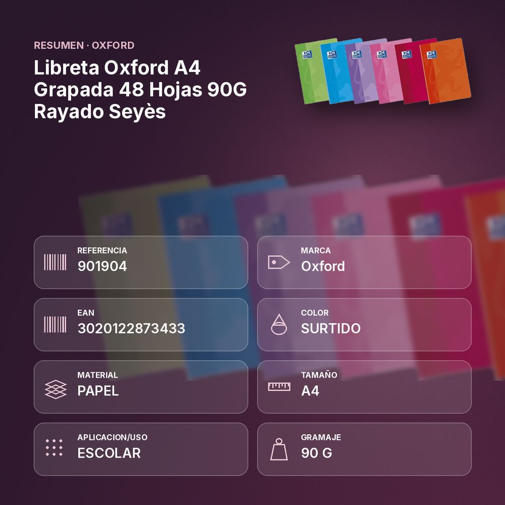 LIBRETA OXFORD A4 GRAPADA 48 HOJAS 90G RAYADO SEYÈS - resumen de atributos