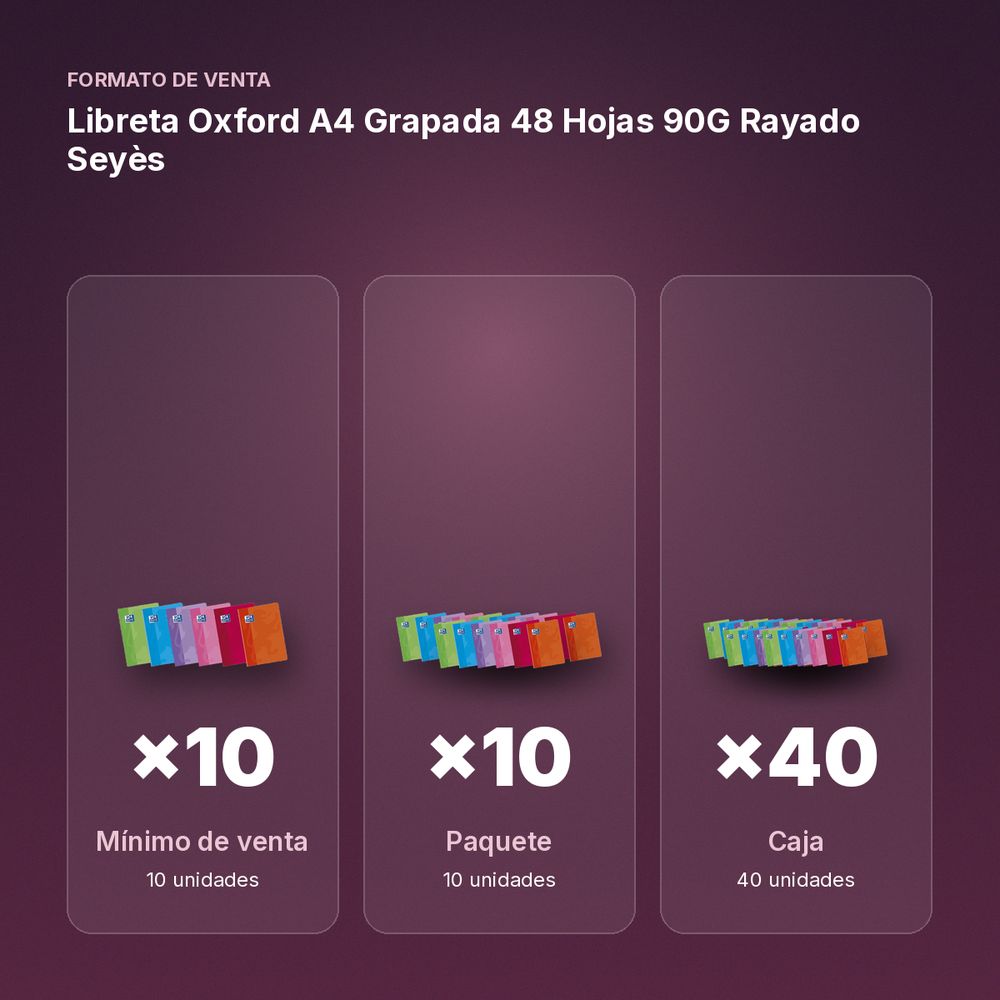 LIBRETA OXFORD A4 GRAPADA 48 HOJAS 90G RAYADO SEYÈS - formato de venta: paquete de 10, caja de 40, palé de 2160