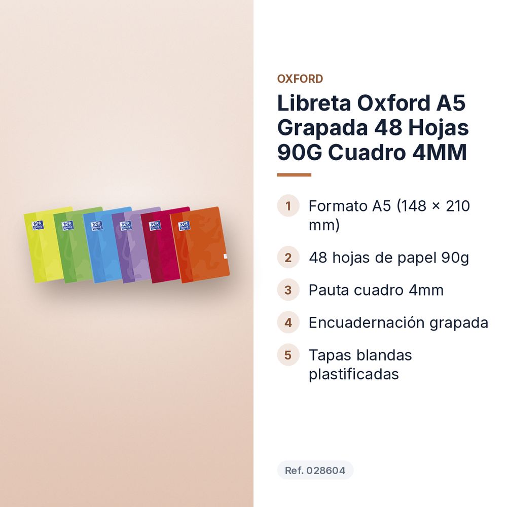 LIBRETA OXFORD A5 GRAPADA 48 HOJAS 90G CUADRO 4MM - características principales