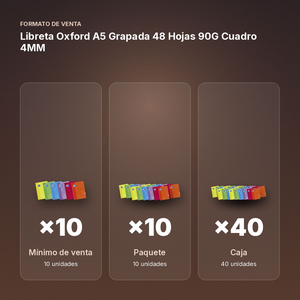 LIBRETA OXFORD A5 GRAPADA 48 HOJAS 90G CUADRO 4MM - formato de venta: paquete de 10, caja de 40, palé de 3600