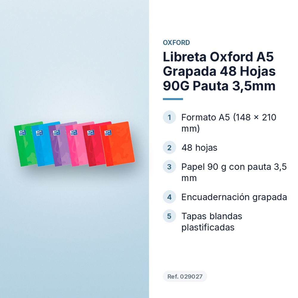 LIBRETA OXFORD A5 GRAPADA 48 HOJAS 90G PAUTA 3,5MM - características principales