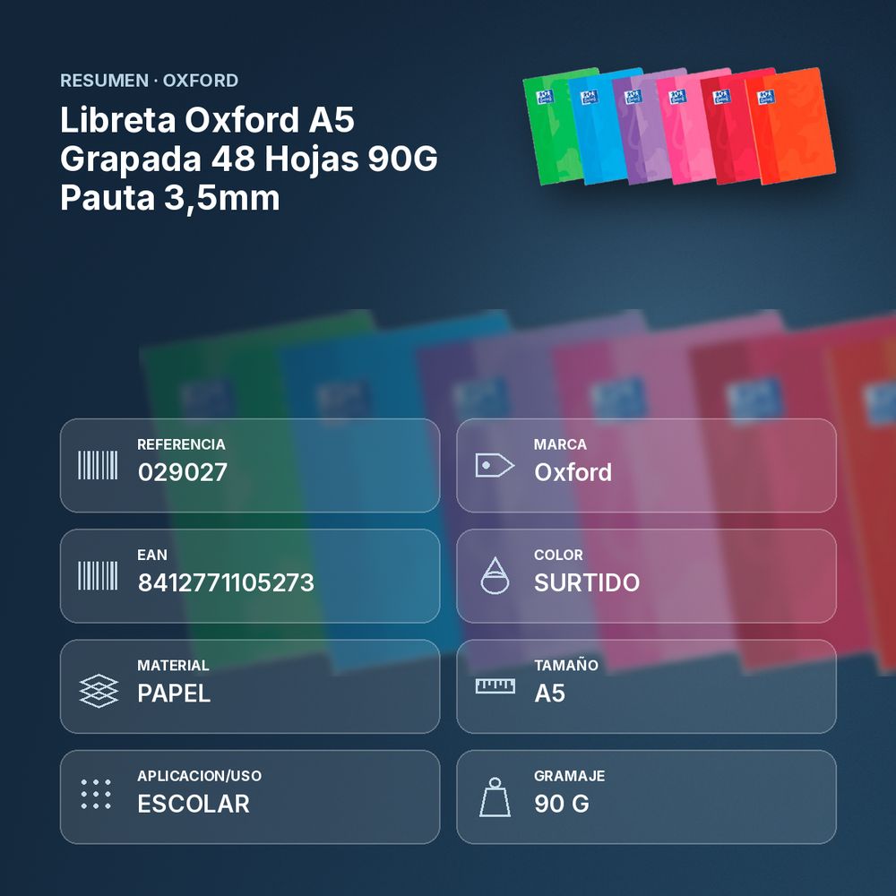 LIBRETA OXFORD A5 GRAPADA 48 HOJAS 90G PAUTA 3,5MM - resumen de atributos