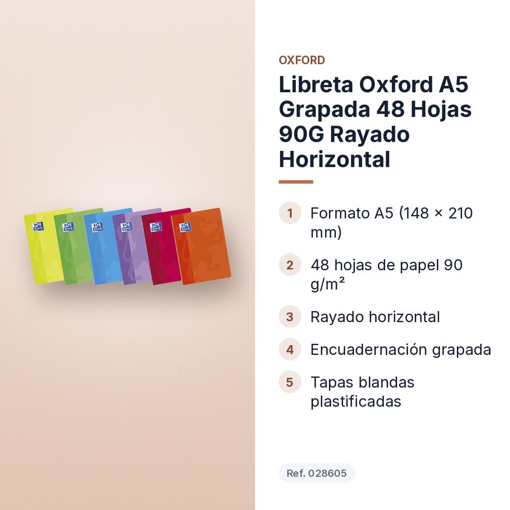 LIBRETA OXFORD A5 GRAPADA 48 HOJAS 90G RAYADO HORIZONTAL - características principales