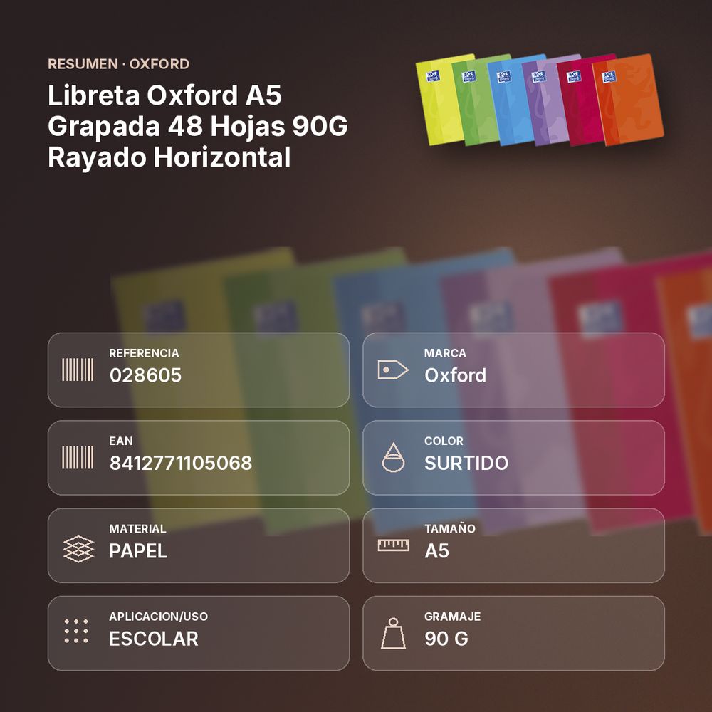 LIBRETA OXFORD A5 GRAPADA 48 HOJAS 90G RAYADO HORIZONTAL - resumen de atributos