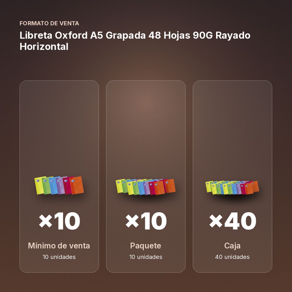 LIBRETA OXFORD A5 GRAPADA 48 HOJAS 90G RAYADO HORIZONTAL - formato de venta: paquete de 10, caja de 40, palé de 3600