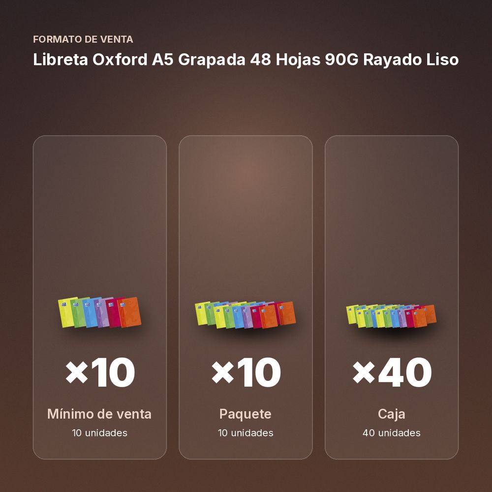 LIBRETA OXFORD A5 GRAPADA 48 HOJAS 90G RAYADO LISO - formato de venta: paquete de 10, caja de 40, palé de 3600