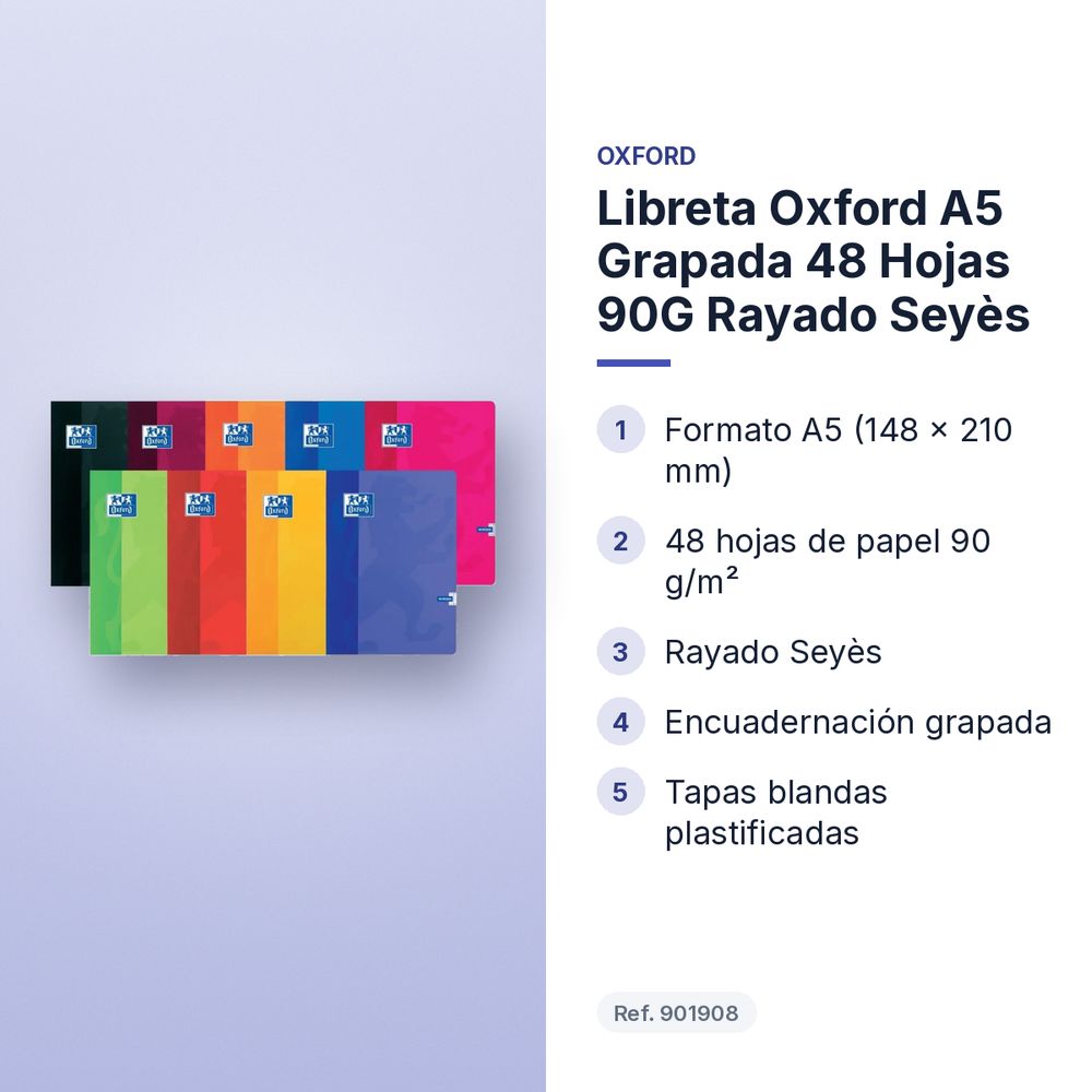 LIBRETA OXFORD A5 GRAPADA 48 HOJAS 90G RAYADO SEYÈS - características principales