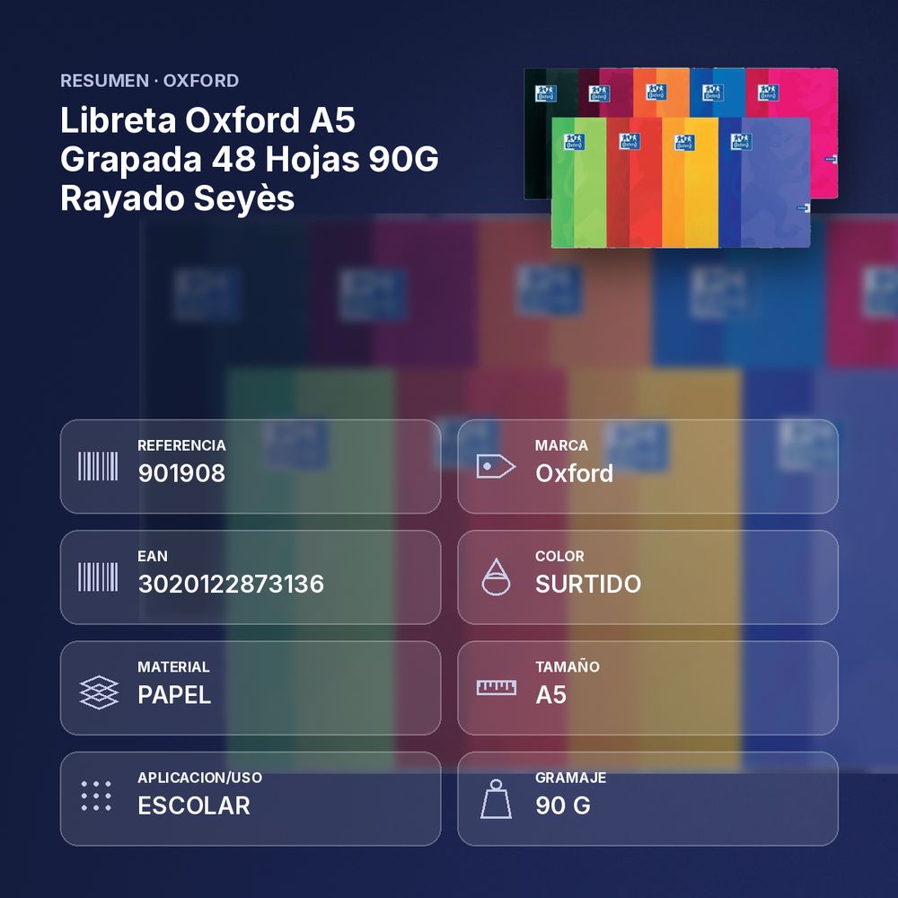 LIBRETA OXFORD A5 GRAPADA 48 HOJAS 90G RAYADO SEYÈS - resumen de atributos