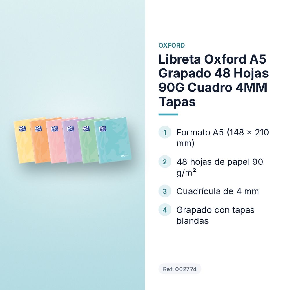 LIBRETA OXFORD A5 GRAPADO 48 HOJAS 90G CUADRO 4MM TAPAS  - características principales