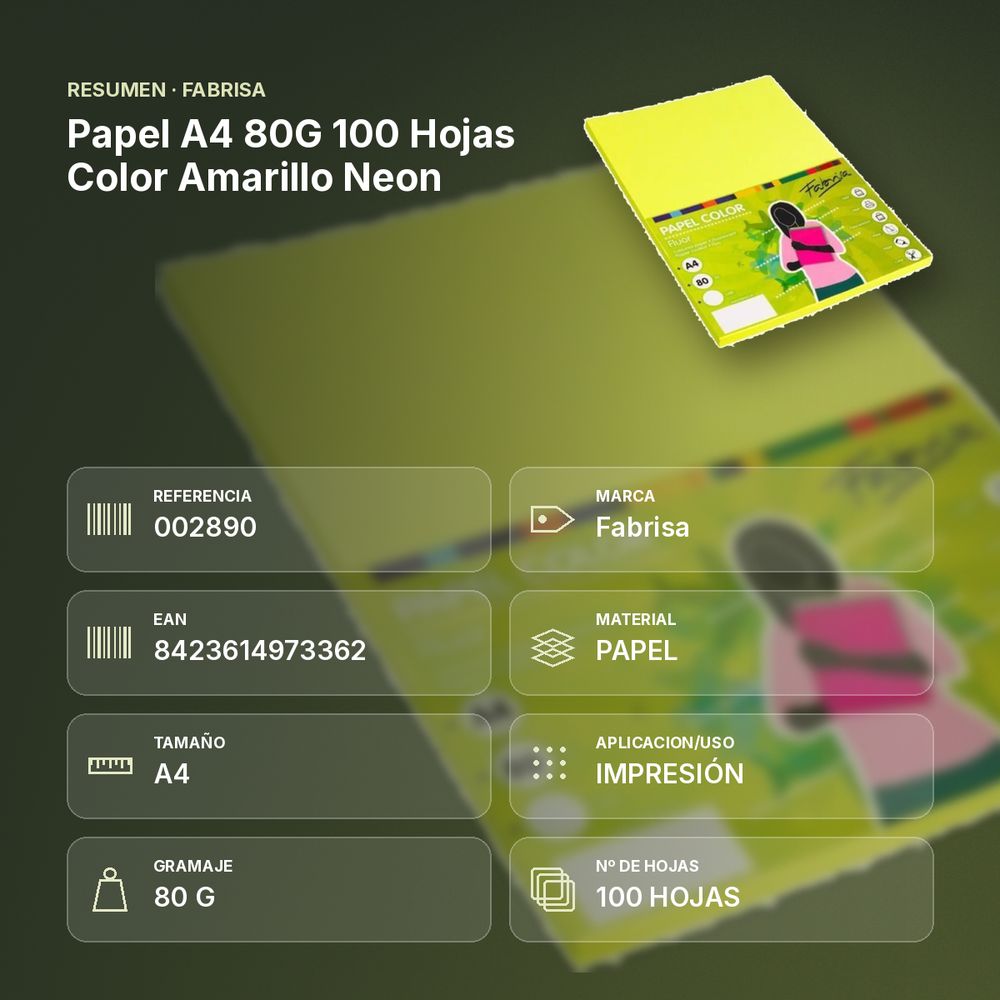 PAPEL A4 80G 100 HOJAS COLOR AMARILLO NEON - resumen de atributos