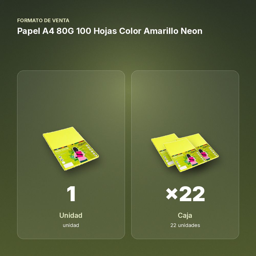 PAPEL A4 80G 100 HOJAS COLOR AMARILLO NEON - formato de venta: caja de 22