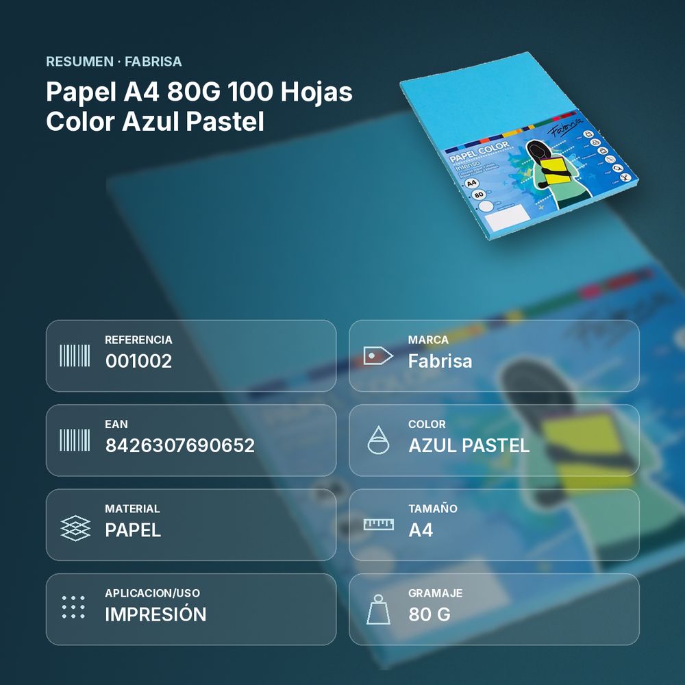PAPEL A4 80G 100 HOJAS COLOR AZUL PASTEL - resumen de atributos