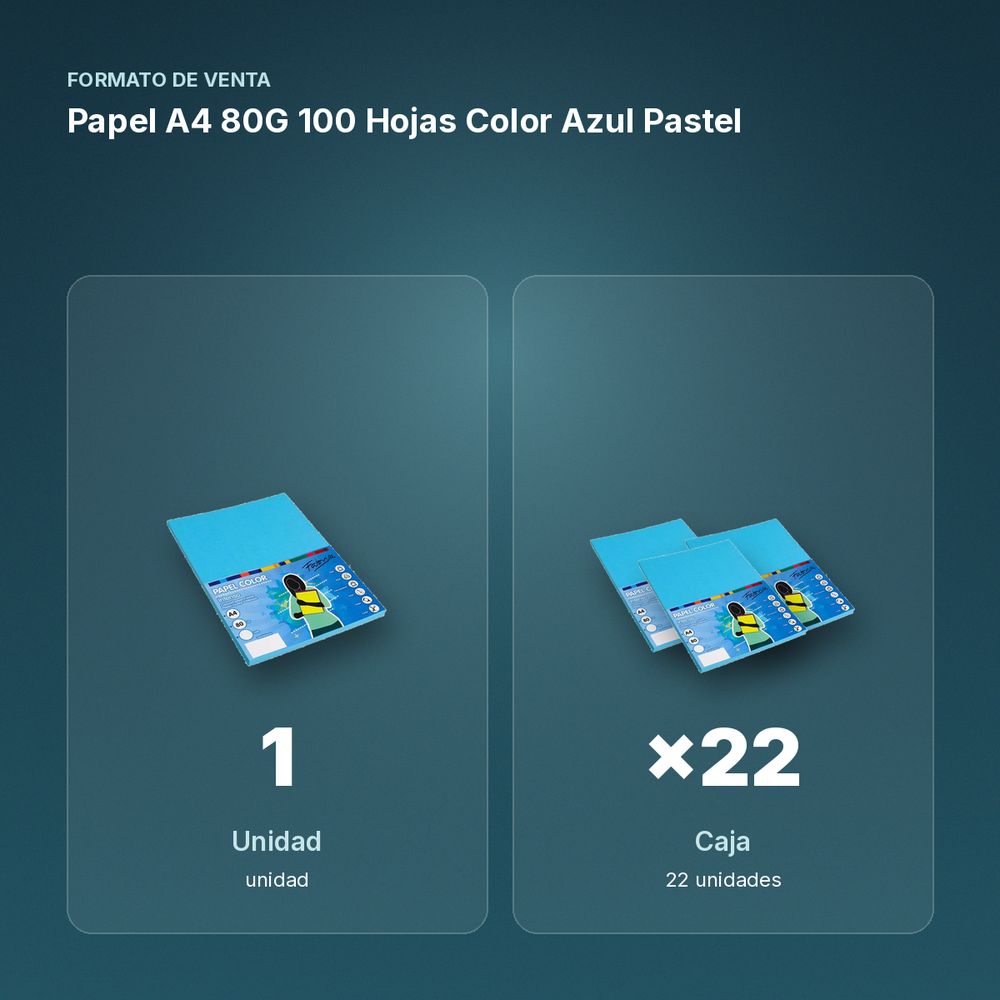 PAPEL A4 80G 100 HOJAS COLOR AZUL PASTEL - formato de venta: caja de 22