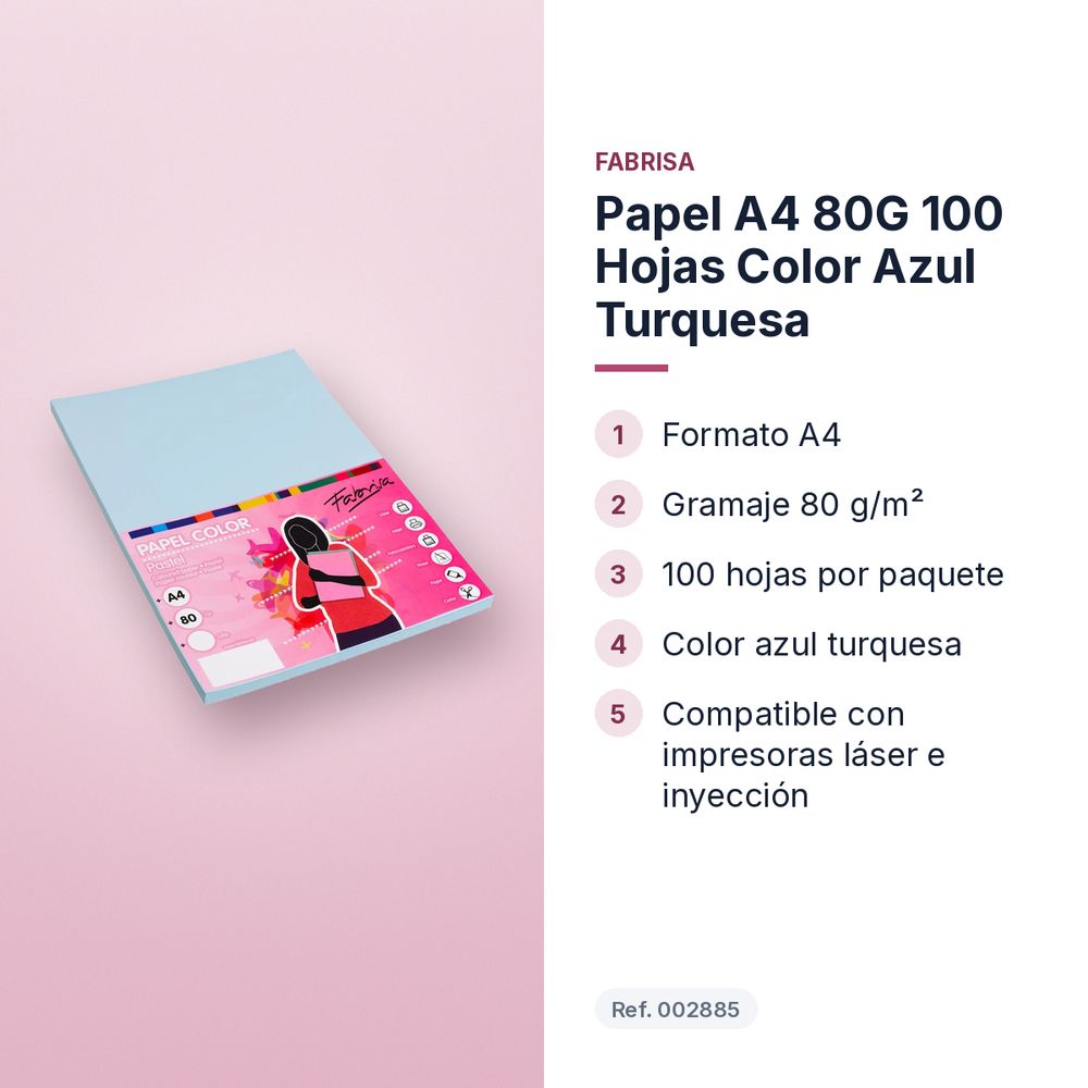PAPEL A4 80G 100 HOJAS COLOR AZUL TURQUESA - características principales
