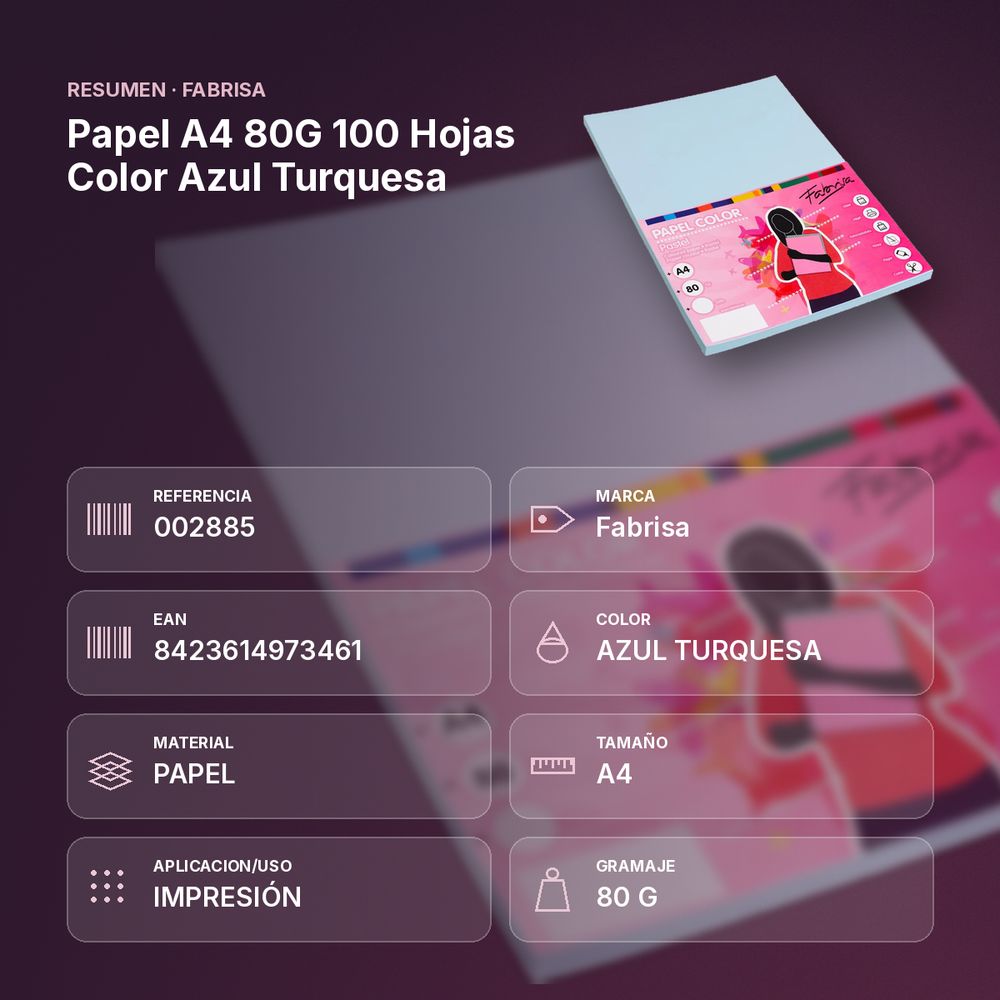 PAPEL A4 80G 100 HOJAS COLOR AZUL TURQUESA - resumen de atributos
