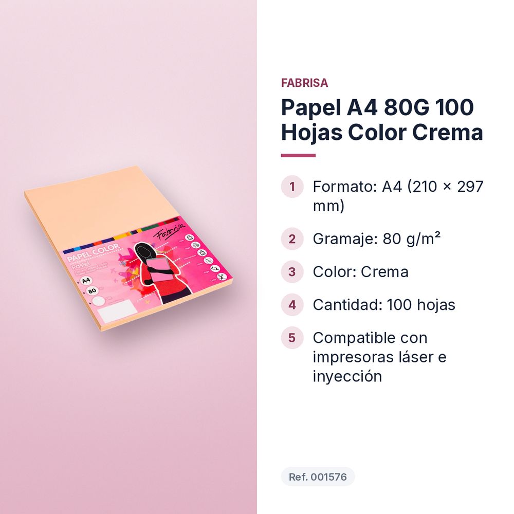 PAPEL A4 80G 100 HOJAS COLOR CREMA - características principales
