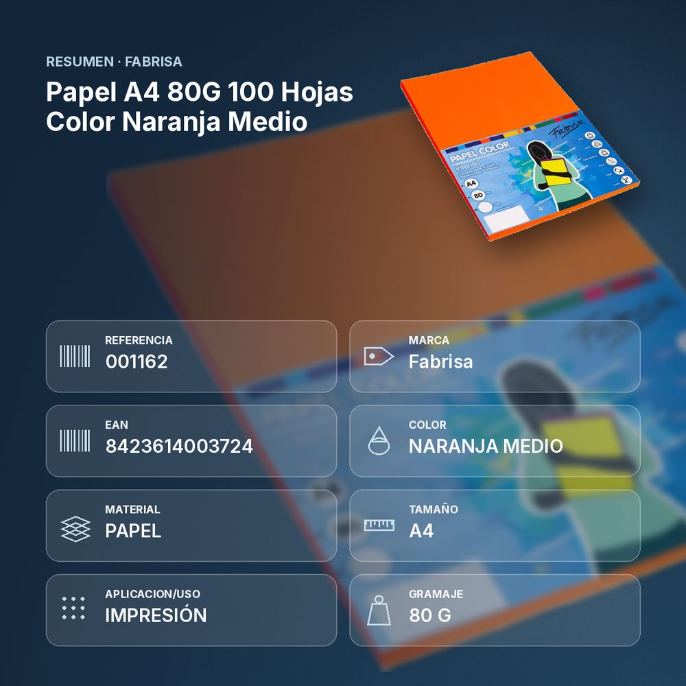 PAPEL A4 80G 100 HOJAS COLOR NARANJA MEDIO - resumen de atributos
