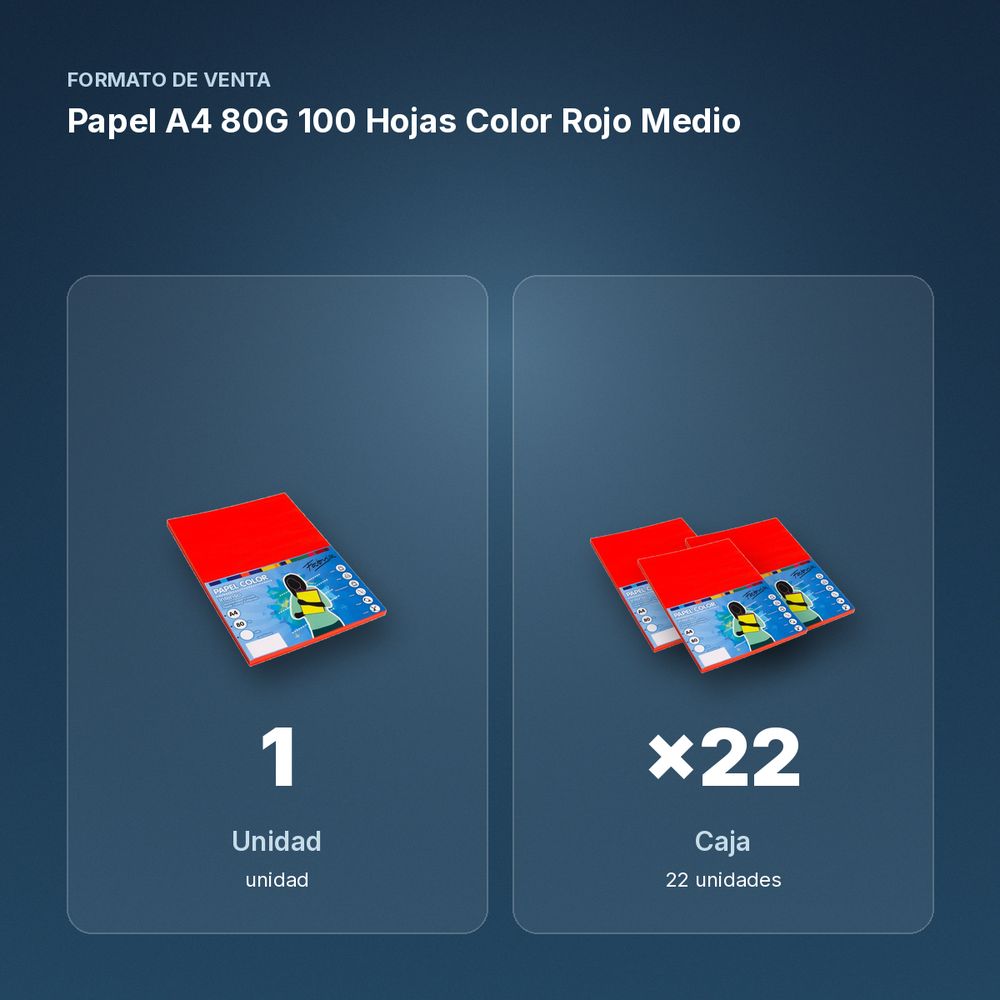 PAPEL A4 80G 100 HOJAS COLOR ROJO MEDIO - formato de venta: caja de 22