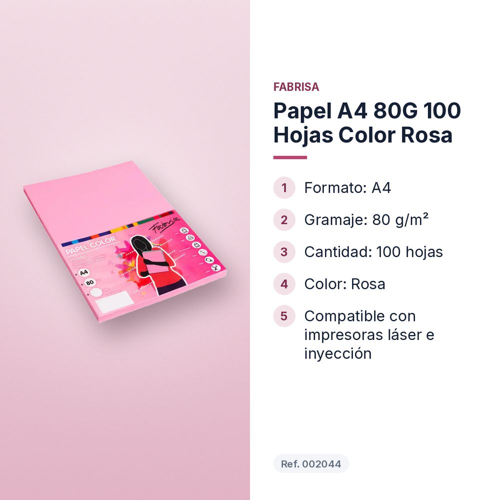PAPEL A4 80G 100 HOJAS COLOR ROSA - características principales
