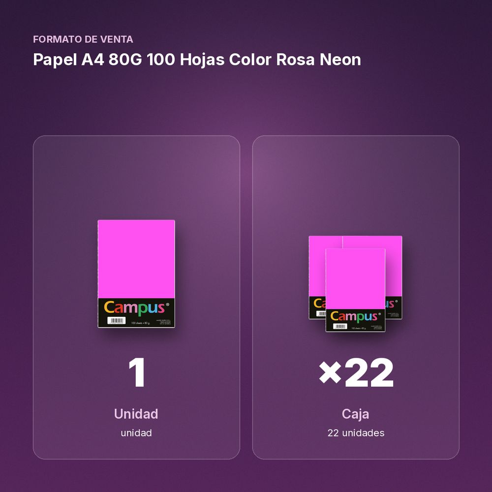 PAPEL A4 80G 100 HOJAS COLOR ROSA NEON - formato de venta: caja de 22