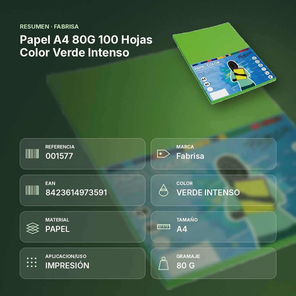 PAPEL A4 80G 100 HOJAS COLOR VERDE INTENSO - resumen de atributos