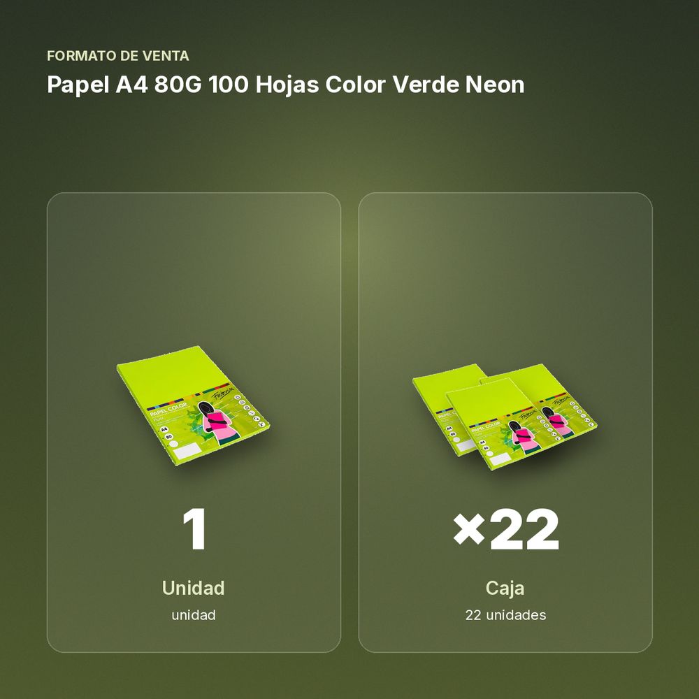 PAPEL A4 80G 100 HOJAS COLOR VERDE NEON - formato de venta: caja de 22