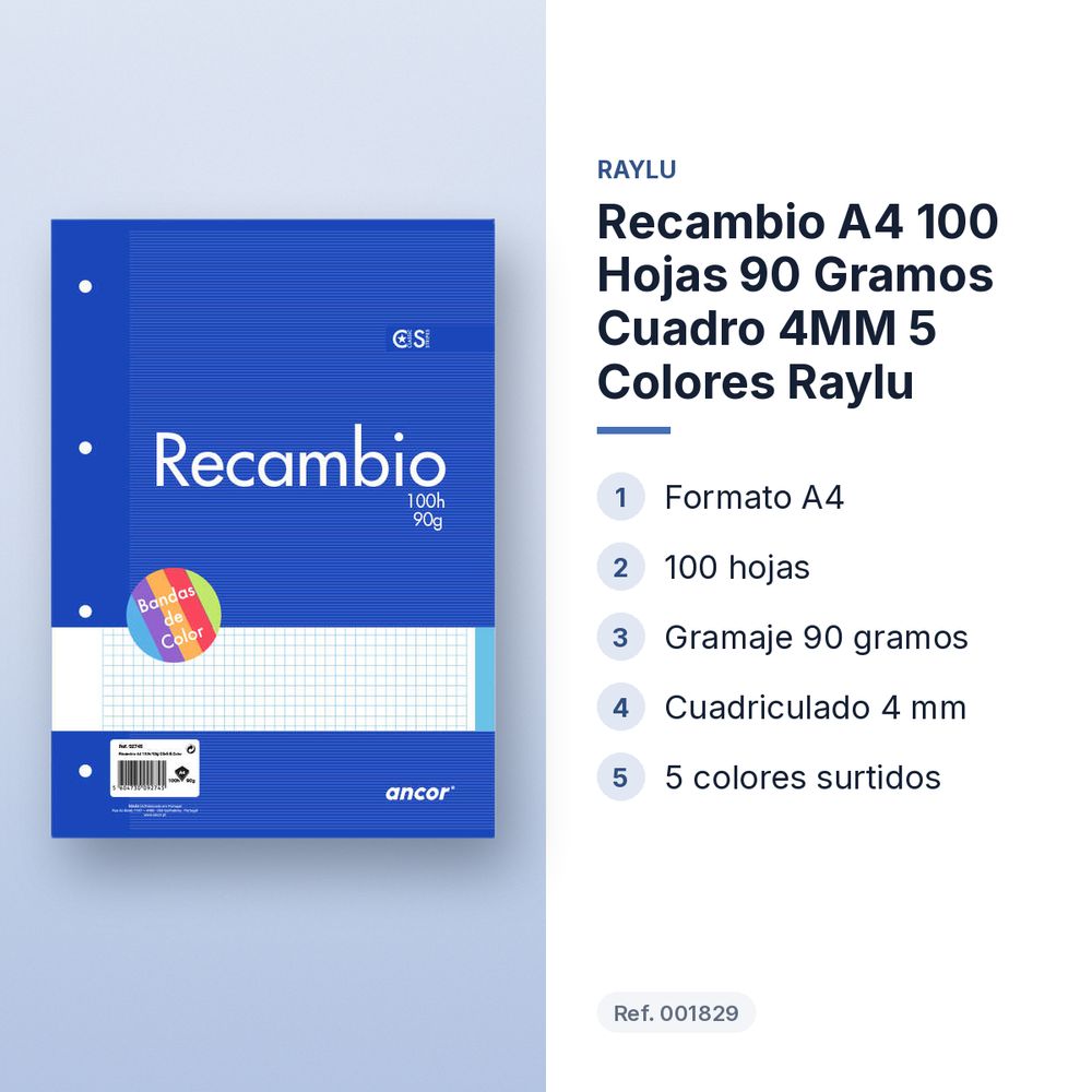 RECAMBIO A4 100 HOJAS 90 GRAMOS CUADRO 4MM 5 COLORES RAYLU - características principales