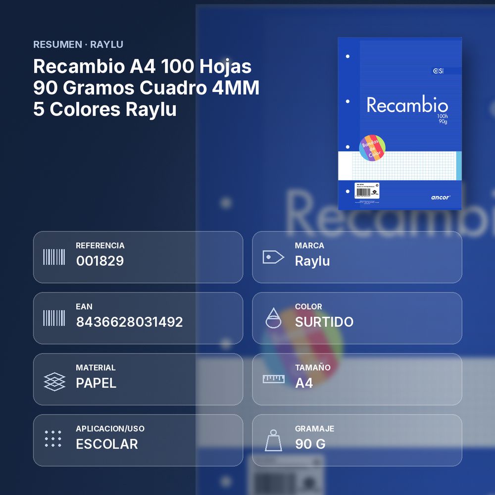 RECAMBIO A4 100 HOJAS 90 GRAMOS CUADRO 4MM 5 COLORES RAYLU - resumen de atributos