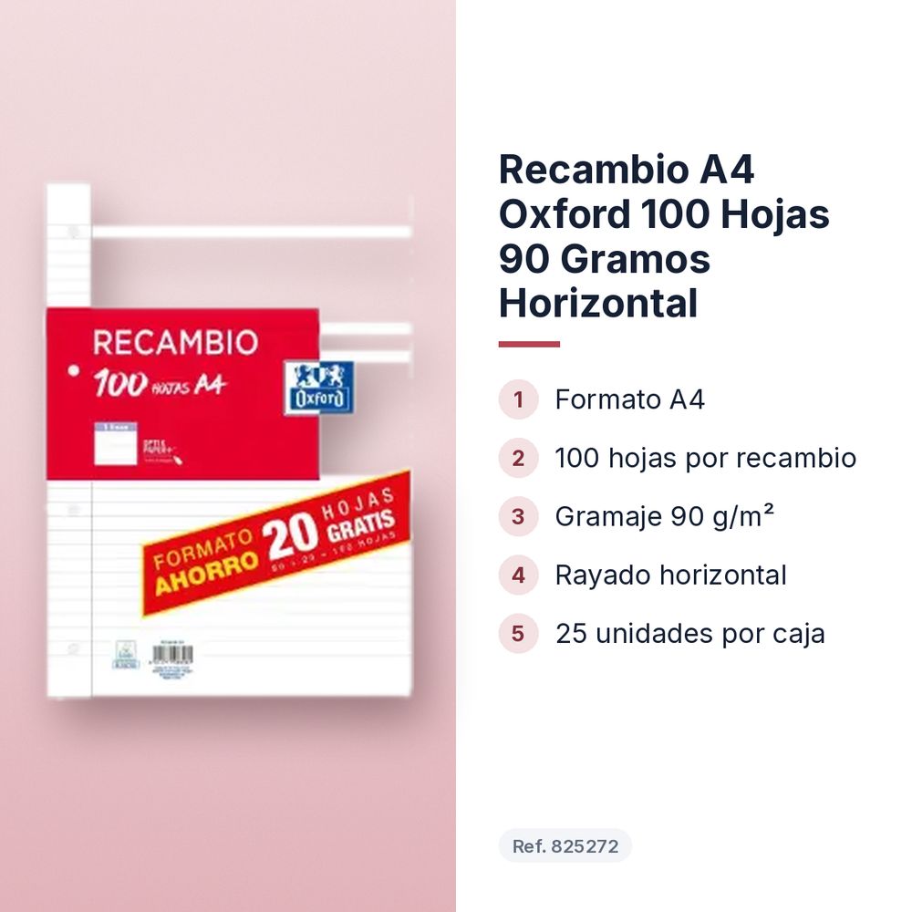 RECAMBIO A4 OXFORD 100 HOJAS 90 GRAMOS HORIZONTAL  - características principales