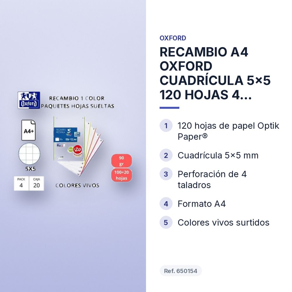 RECAMBIO A4 OXFORD CUADRÍCULA 5x5 120 HOJAS 4 TALADROS COLORES VIVOS - características principales
