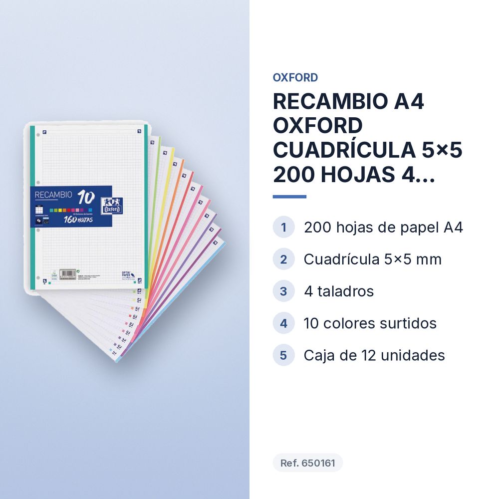 RECAMBIO A4 OXFORD CUADRÍCULA 5x5 200 HOJAS 4 TALADROS 10 COLOLORES   - características principales
