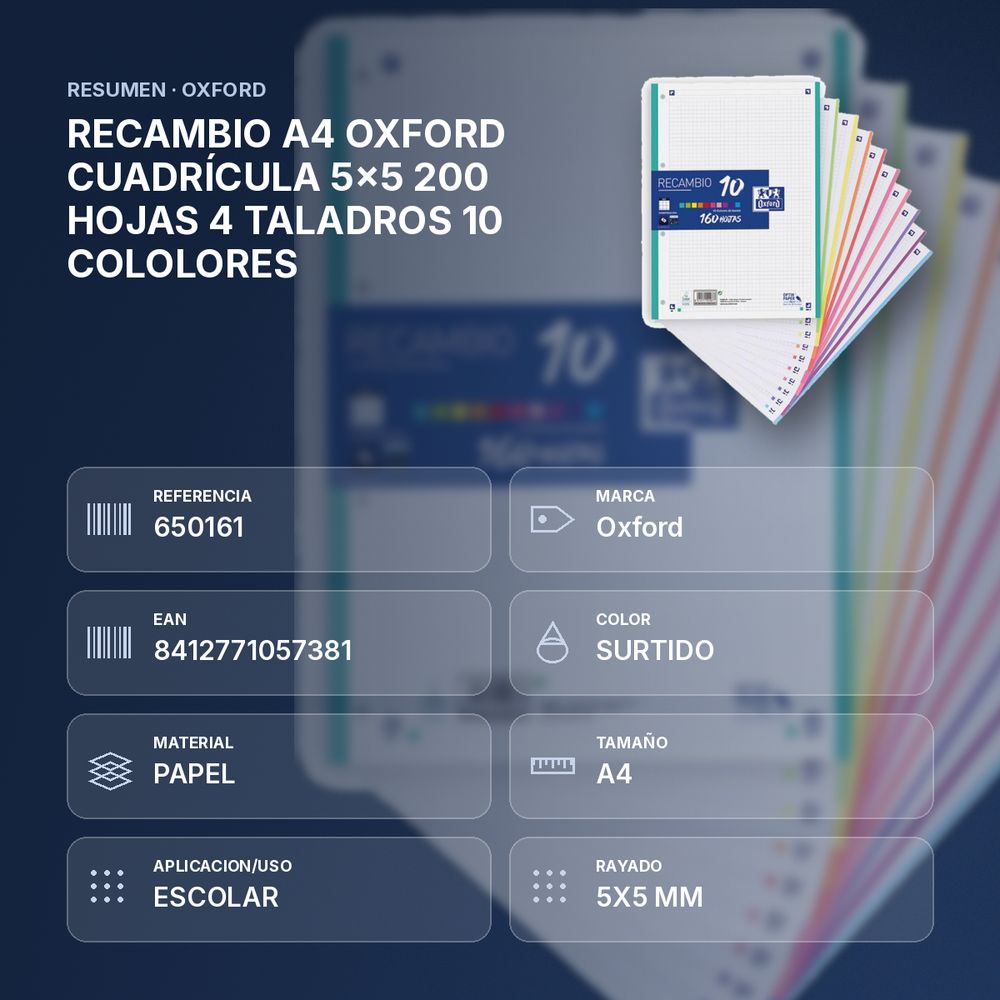RECAMBIO A4 OXFORD CUADRÍCULA 5x5 200 HOJAS 4 TALADROS 10 COLOLORES   - resumen de atributos