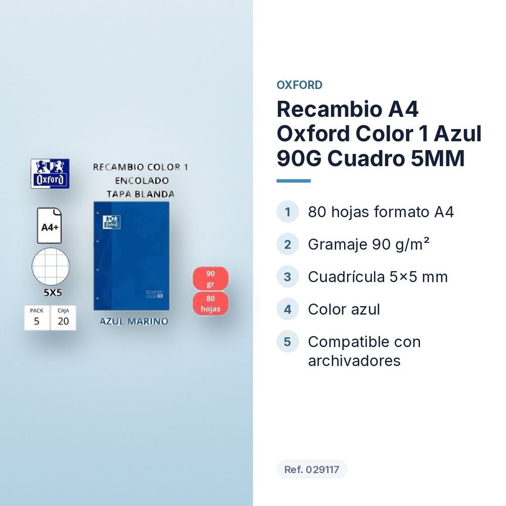 RECAMBIO A4 OXFORD COLOR 1 AZUL 90G CUADRO 5MM - características principales