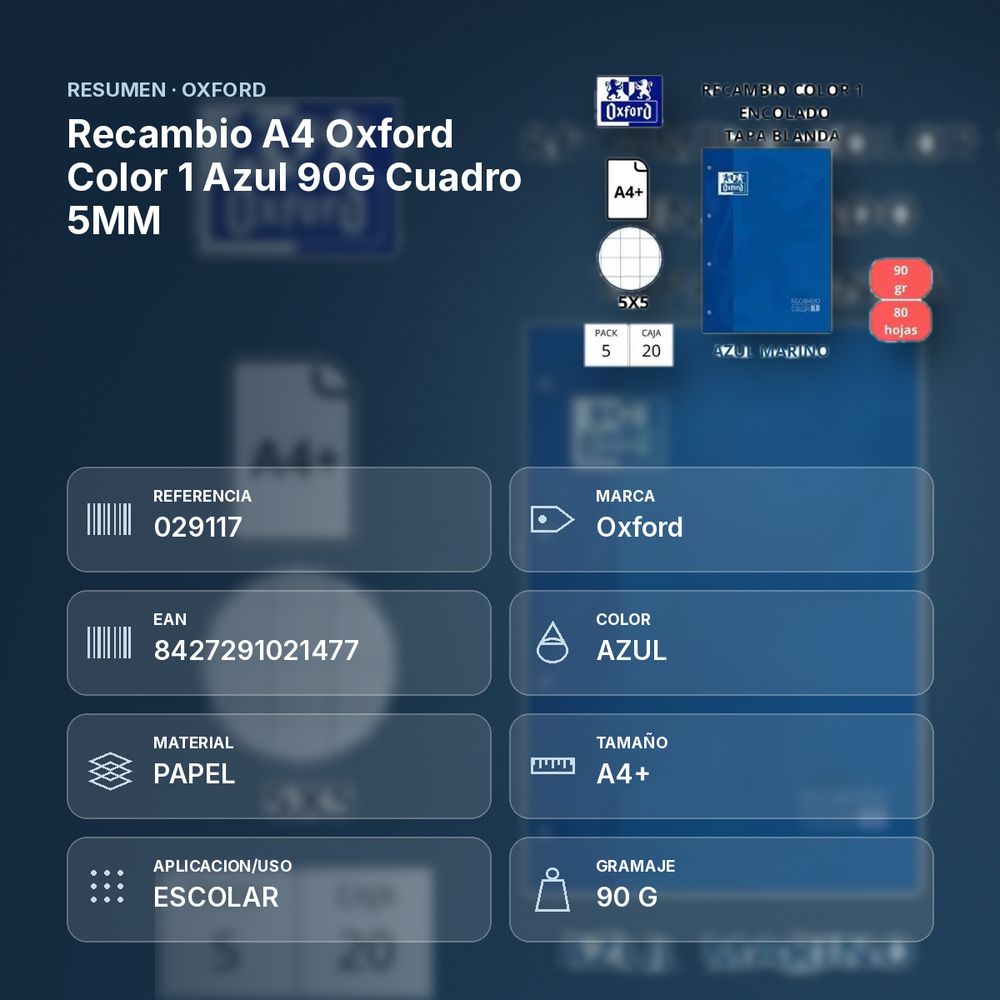 RECAMBIO A4 OXFORD COLOR 1 AZUL 90G CUADRO 5MM - resumen de atributos