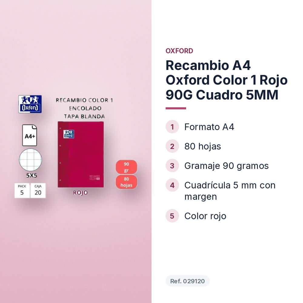 RECAMBIO A4 OXFORD COLOR 1 ROJO 90G CUADRO 5MM - características principales