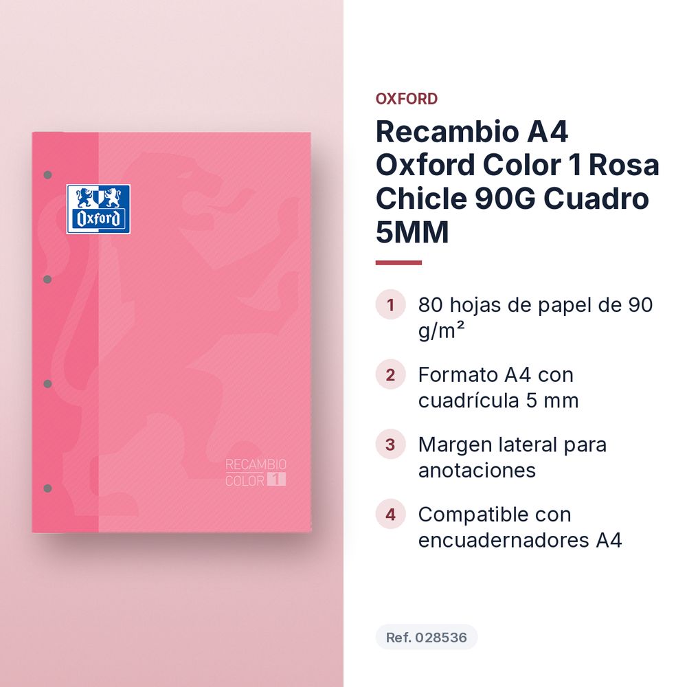 RECAMBIO A4 OXFORD COLOR 1 ROSA CHICLE 90G CUADRO 5MM - características principales