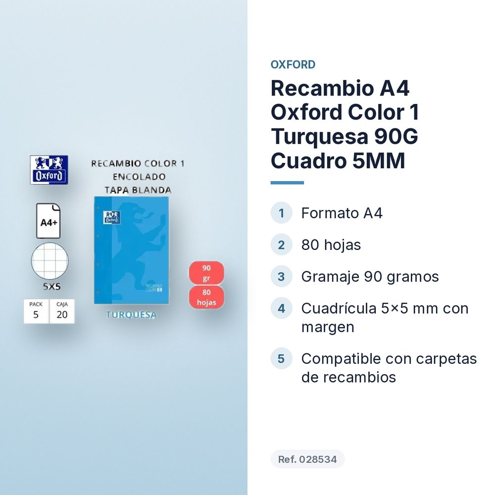 RECAMBIO A4 OXFORD COLOR 1 TURQUESA 90G CUADRO 5MM - características principales