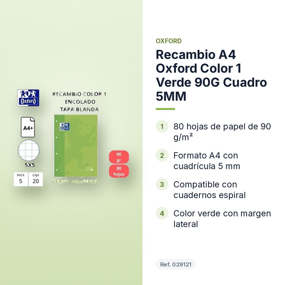 RECAMBIO A4 OXFORD COLOR 1 VERDE 90G CUADRO 5MM - características principales