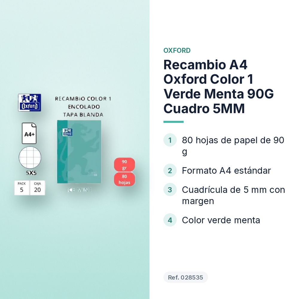 RECAMBIO A4 OXFORD COLOR 1 VERDE MENTA 90G CUADRO 5MM - características principales