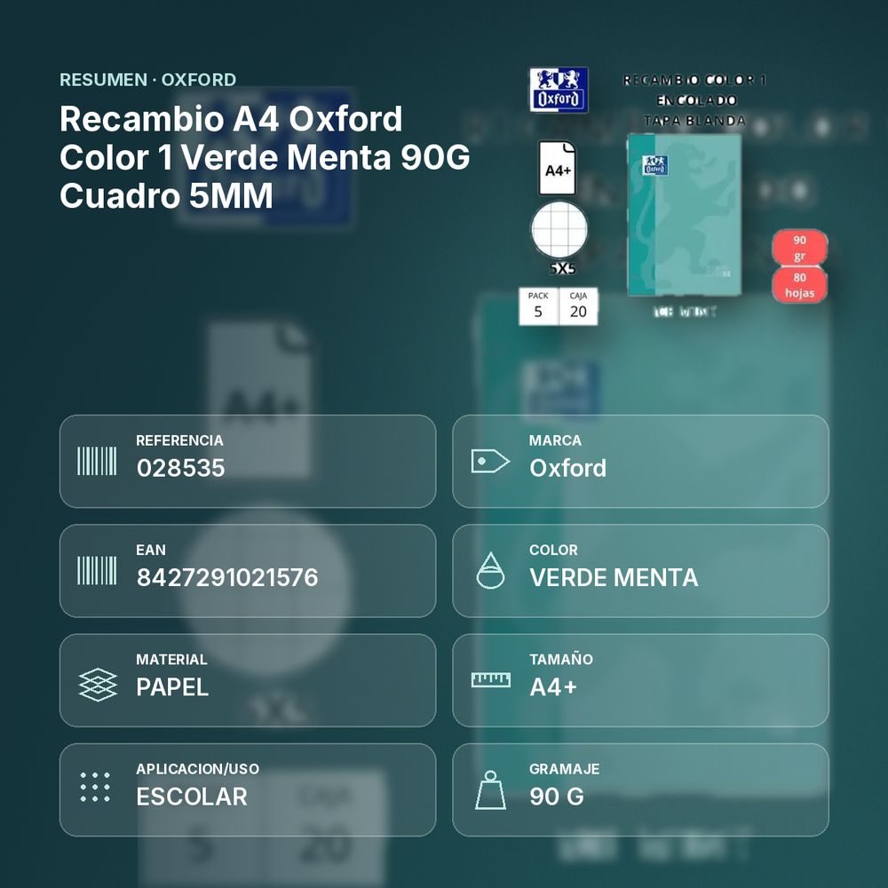RECAMBIO A4 OXFORD COLOR 1 VERDE MENTA 90G CUADRO 5MM - resumen de atributos