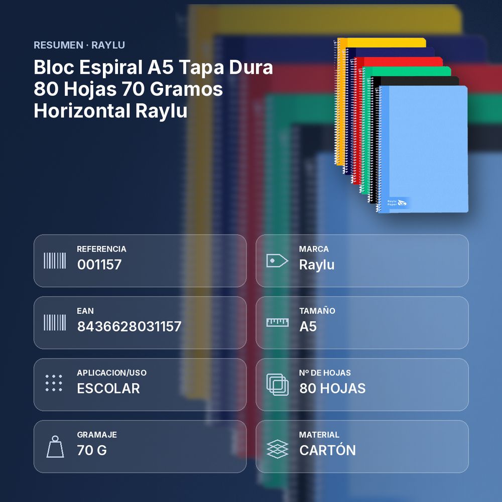 BLOC ESPIRAL A5 TAPA DURA 80 HOJAS 70 GRAMOS HORIZONTAL RAYLU - resumen de atributos