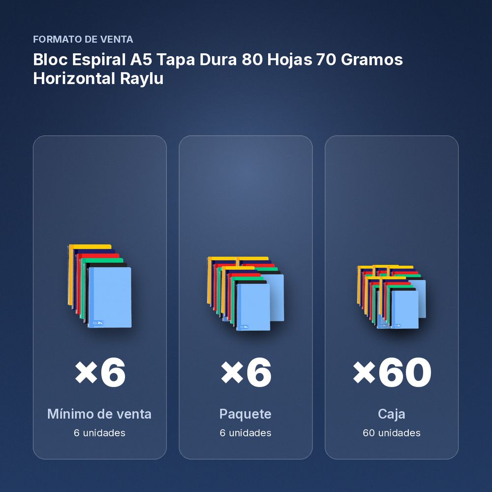 BLOC ESPIRAL A5 TAPA DURA 80 HOJAS 70 GRAMOS HORIZONTAL RAYLU - formato de venta: paquete de 6, caja de 60, palé de 1200