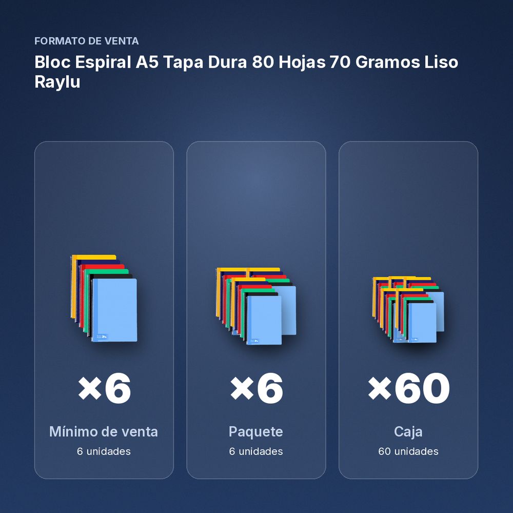 BLOC ESPIRAL A5 TAPA DURA 80 HOJAS 70 GRAMOS LISO RAYLU - formato de venta: paquete de 6, caja de 60, palé de 1200