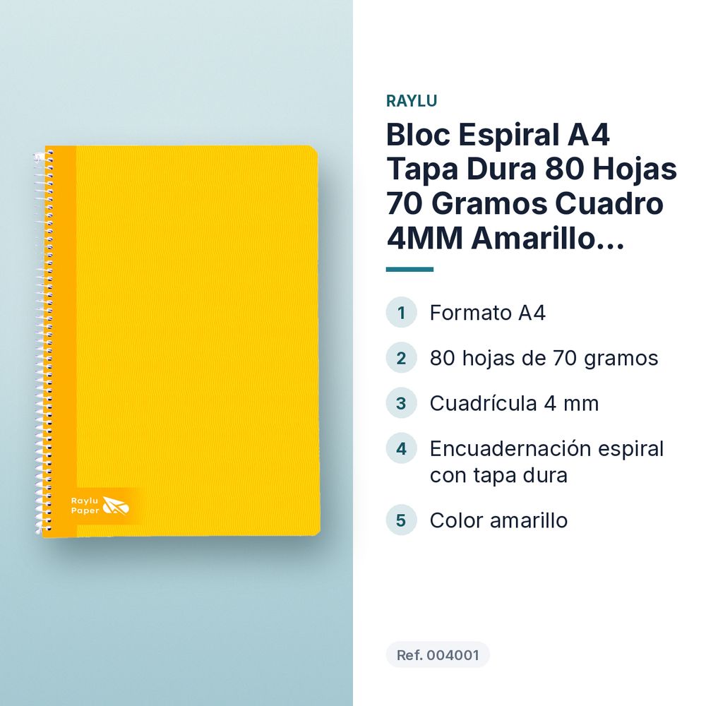 BLOC ESPIRAL A4 TAPA DURA 80 HOJAS 70 GRAMOS CUADRO 4MM AMARILLO RAYLU - características principales