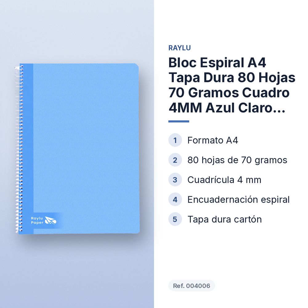 BLOC ESPIRAL A4 TAPA DURA 80 HOJAS 70 GRAMOS CUADRO 4MM AZUL CLARO RAYLU - características principales