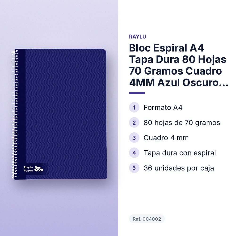 BLOC ESPIRAL A4 TAPA DURA 80 HOJAS 70 GRAMOS CUADRO 4MM AZUL OSCURO RAYLU - características principales