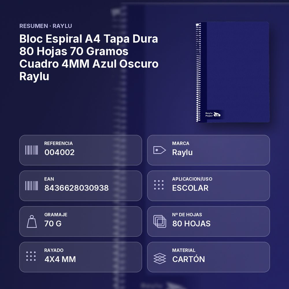 BLOC ESPIRAL A4 TAPA DURA 80 HOJAS 70 GRAMOS CUADRO 4MM AZUL OSCURO RAYLU - resumen de atributos