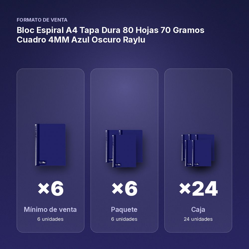 BLOC ESPIRAL A4 TAPA DURA 80 HOJAS 70 GRAMOS CUADRO 4MM AZUL OSCURO RAYLU - formato de venta: paquete de 6, caja de 24, palé de 1200