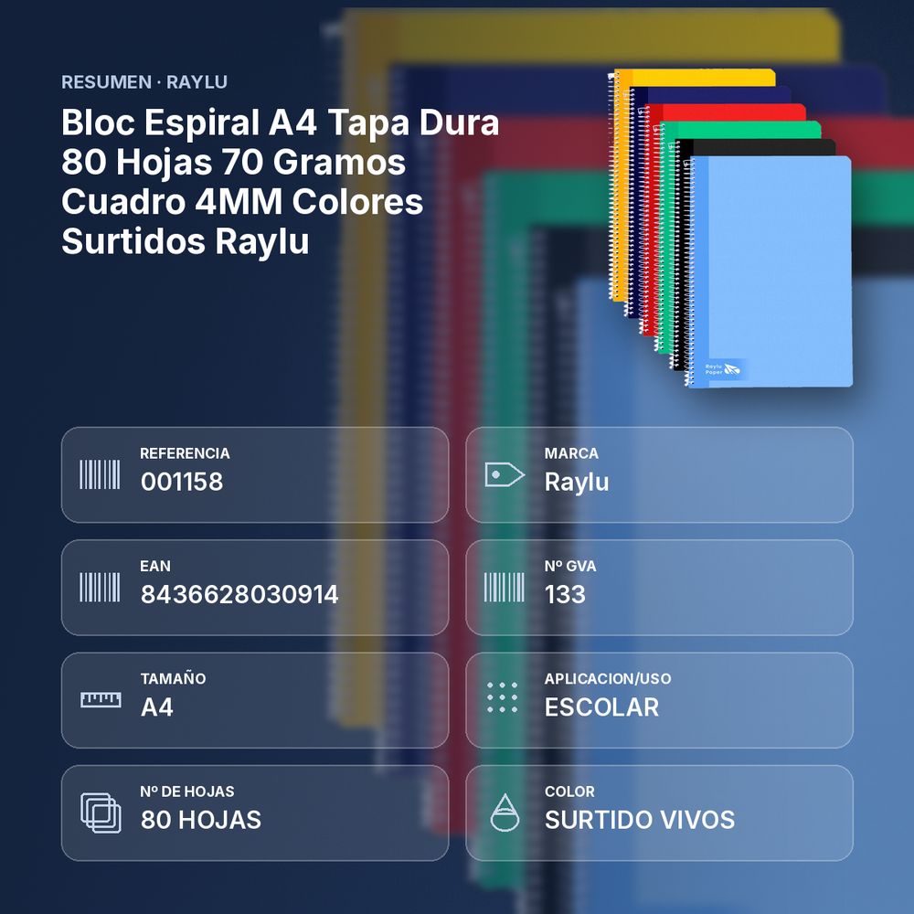 BLOC ESPIRAL A4 TAPA DURA 80 HOJAS 70 GRAMOS CUADRO 4MM COLORES SURTIDOS RAYLU - resumen de atributos