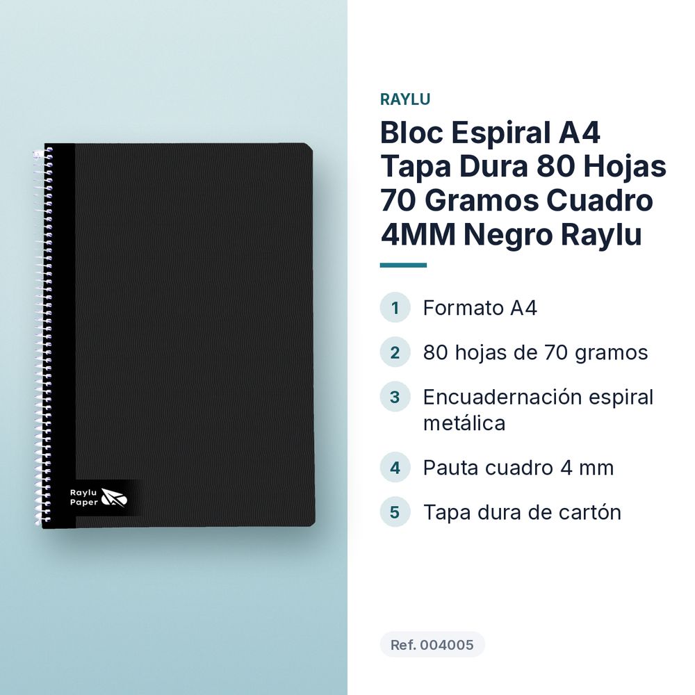 BLOC ESPIRAL A4 TAPA DURA 80 HOJAS 70 GRAMOS CUADRO 4MM NEGRO RAYLU - características principales